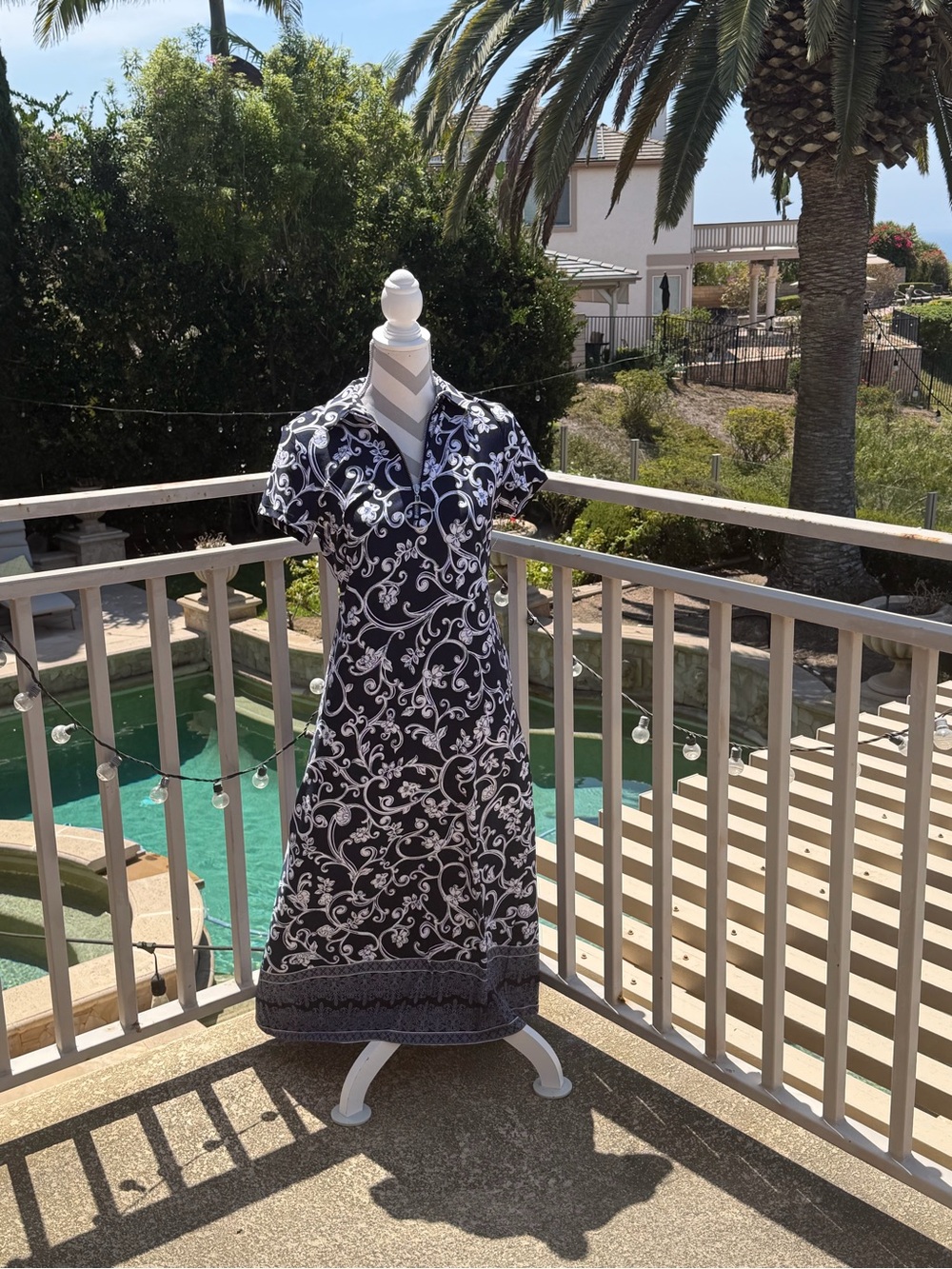 MSK Navy  and White flattering Floral-Scroll Maxi Dress